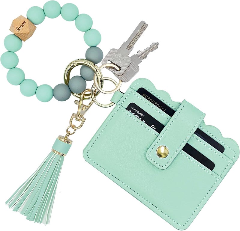TSNSOEEO Keychain Wallet Wristlet Small Credit Card Holder Bracelet Key Chain Purse Bangle Tassel Beads Key Rings for Women - Image 1